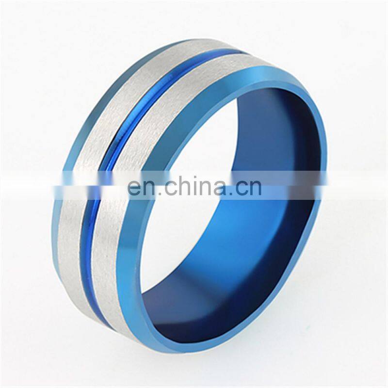 Men's fashion 8MM Silver Brushed Ladder Edge Stainless Steel Ring Blue Groove Matte Men Wedding Ring
