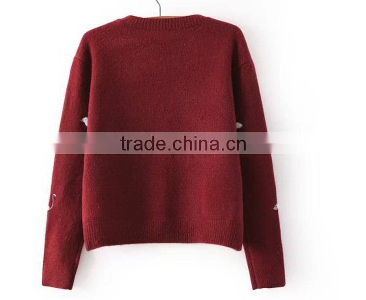 Warm long sleeve knitting wear swan embroided lady sweater pullover
