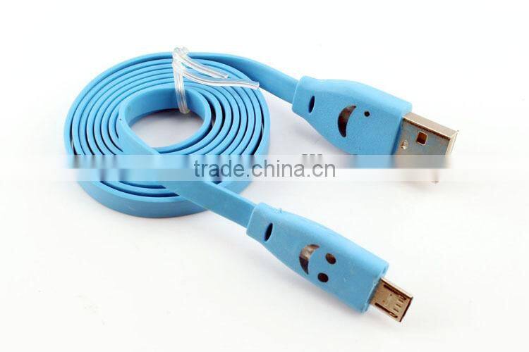 Hot sales flat noodle micro led smile face usb rope data charging cable