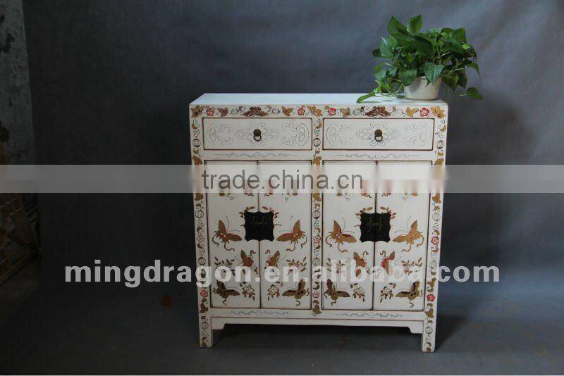 Chinese antique furniture pine wood White & golden four door two drawer painting butterfly cabinet