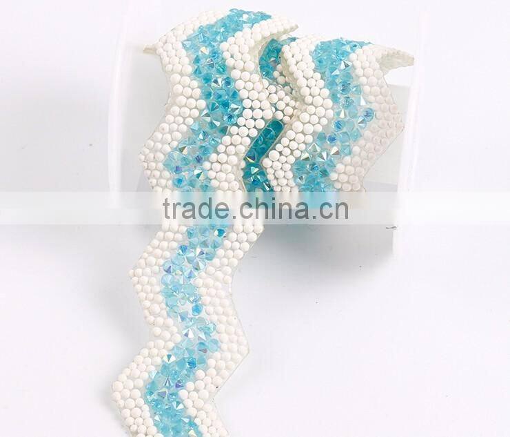 Blue color decorative glue on rhinestone hotfix chain/belt for dress