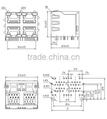 quality rj45 2 row network connector with 90 degree