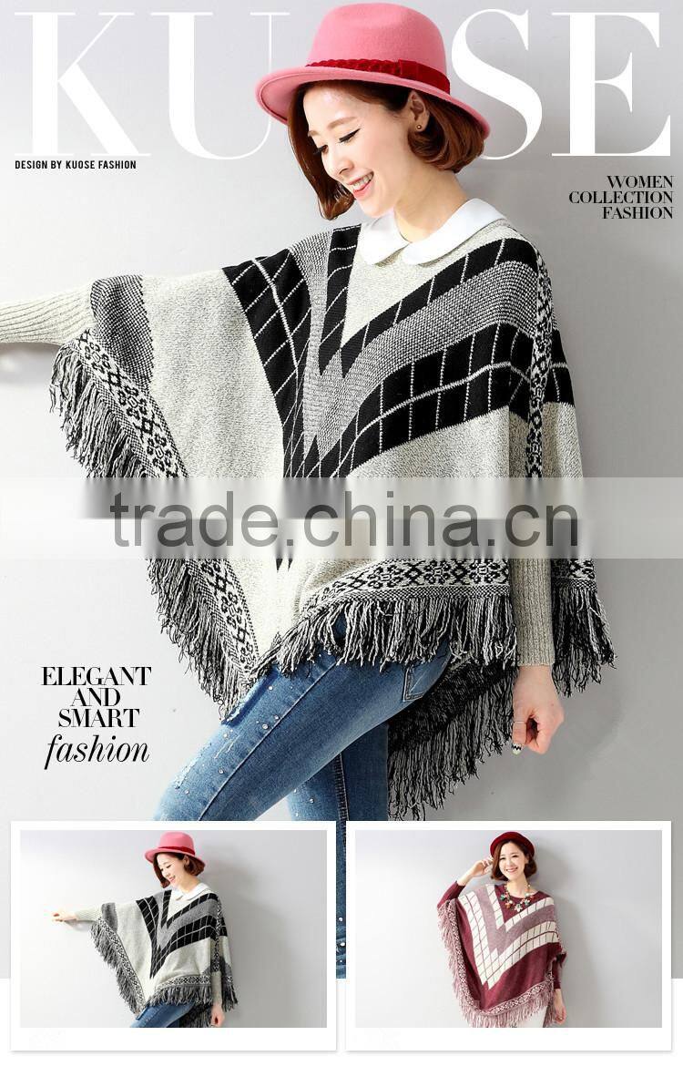 2015 European Geometric tassel bat sleeve cape coat long knit sweater