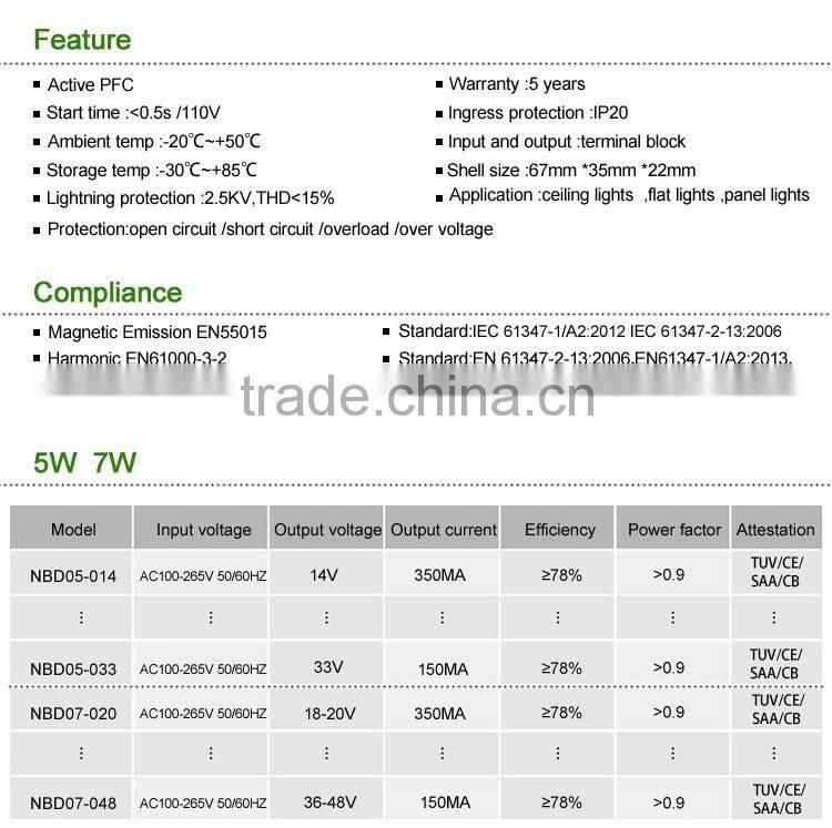 led power supply PF0.9 for ceiling and panel light with 5years warranty 300ma 7w