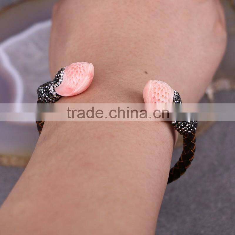 Charm Pink Shell Bangle Bracelet, With Crystal Zircon Leather Cord Bracelets, Druzy Jewelry Bangle