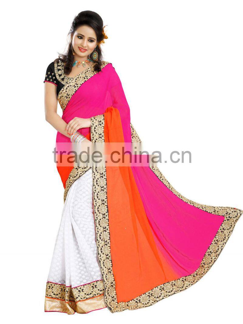 Pink and orange color weightless embroidery saree