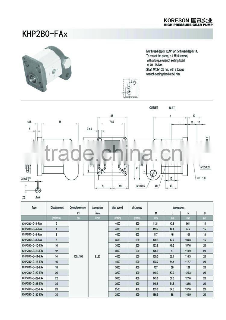 Constant Flow Hydraulic Oil Gear Pump KHP2B0 for Tractor