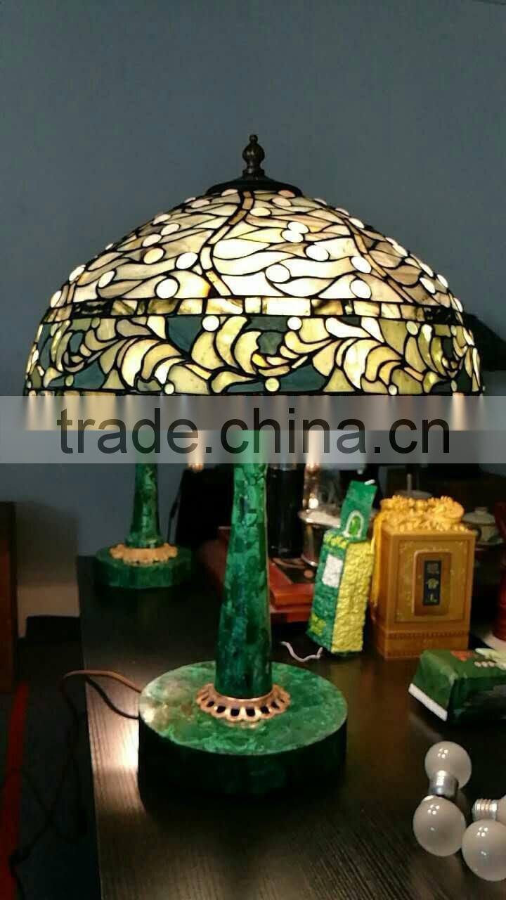 European Baroque Style Hand Made Tiffany Stainned Glass Table Lamp with Malachite Stand