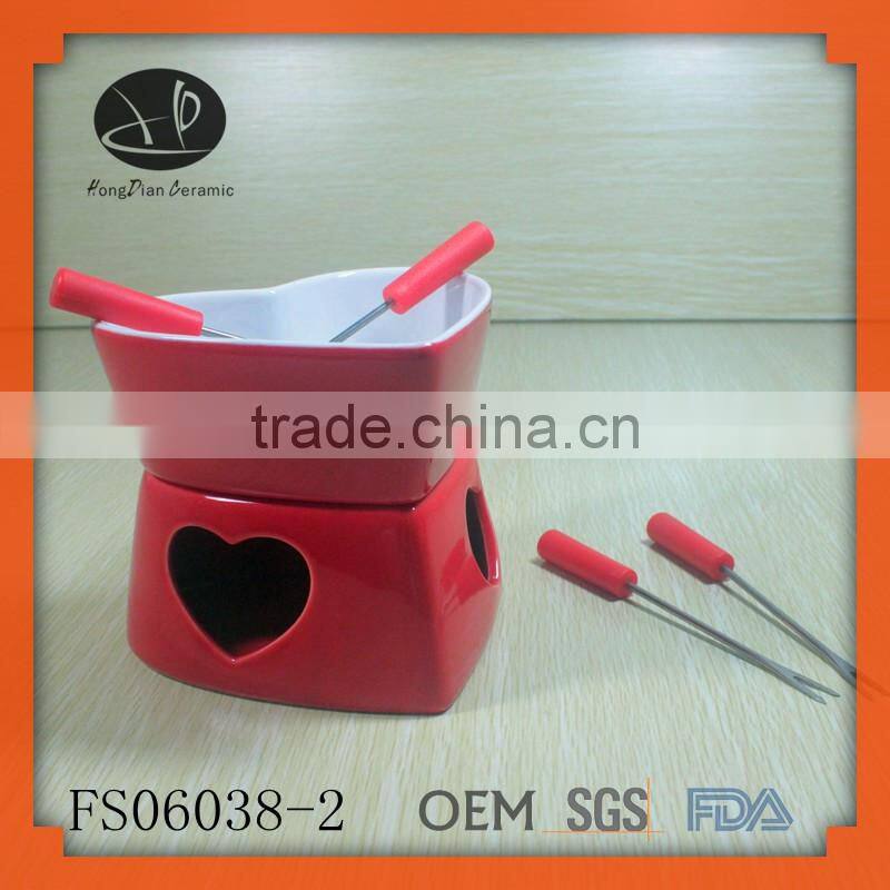 matt heart shaped ceramic chocolate fondue set,color glazed ceramic fondue pot with forks,OEM logo chocolate fondue set