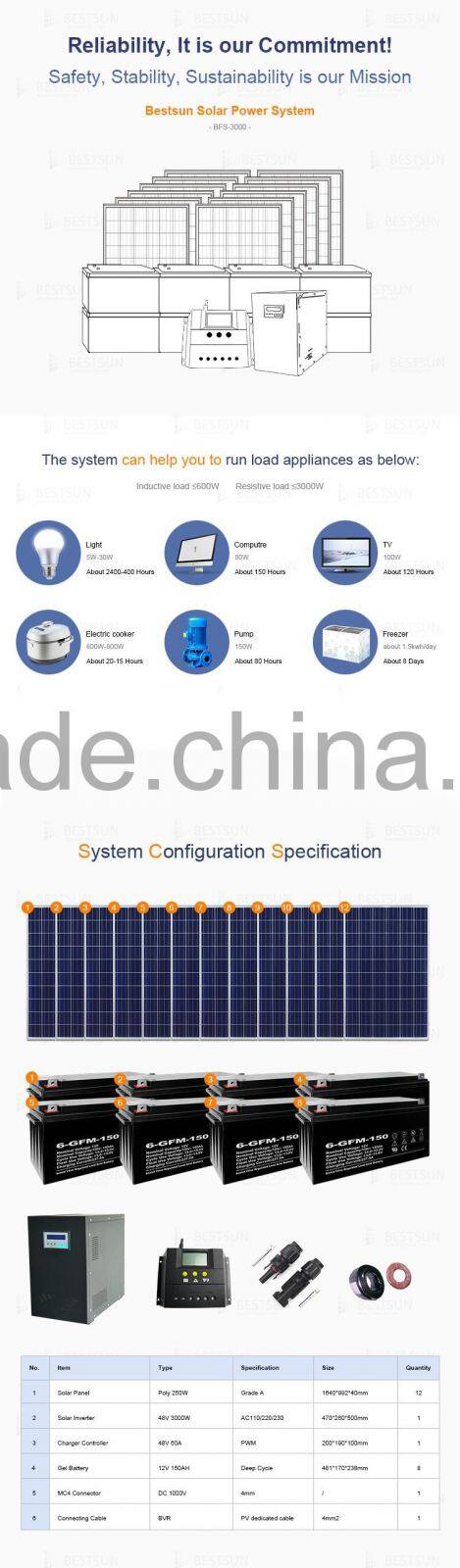 solar power system BFS-3kw with solar panel,battery,charger,inverter 3000w system for home