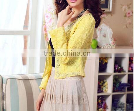 2015 ladies quality coat yellow sheer wholesale factory beaded coat