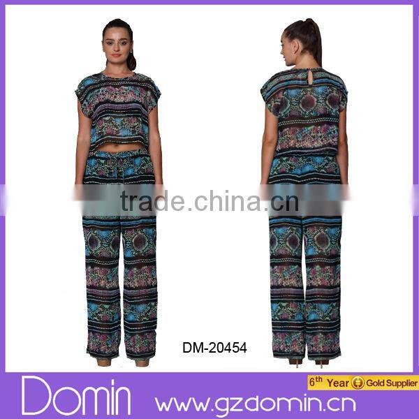 2015 Latest Fashion Women Round Neck Design Print Top Set