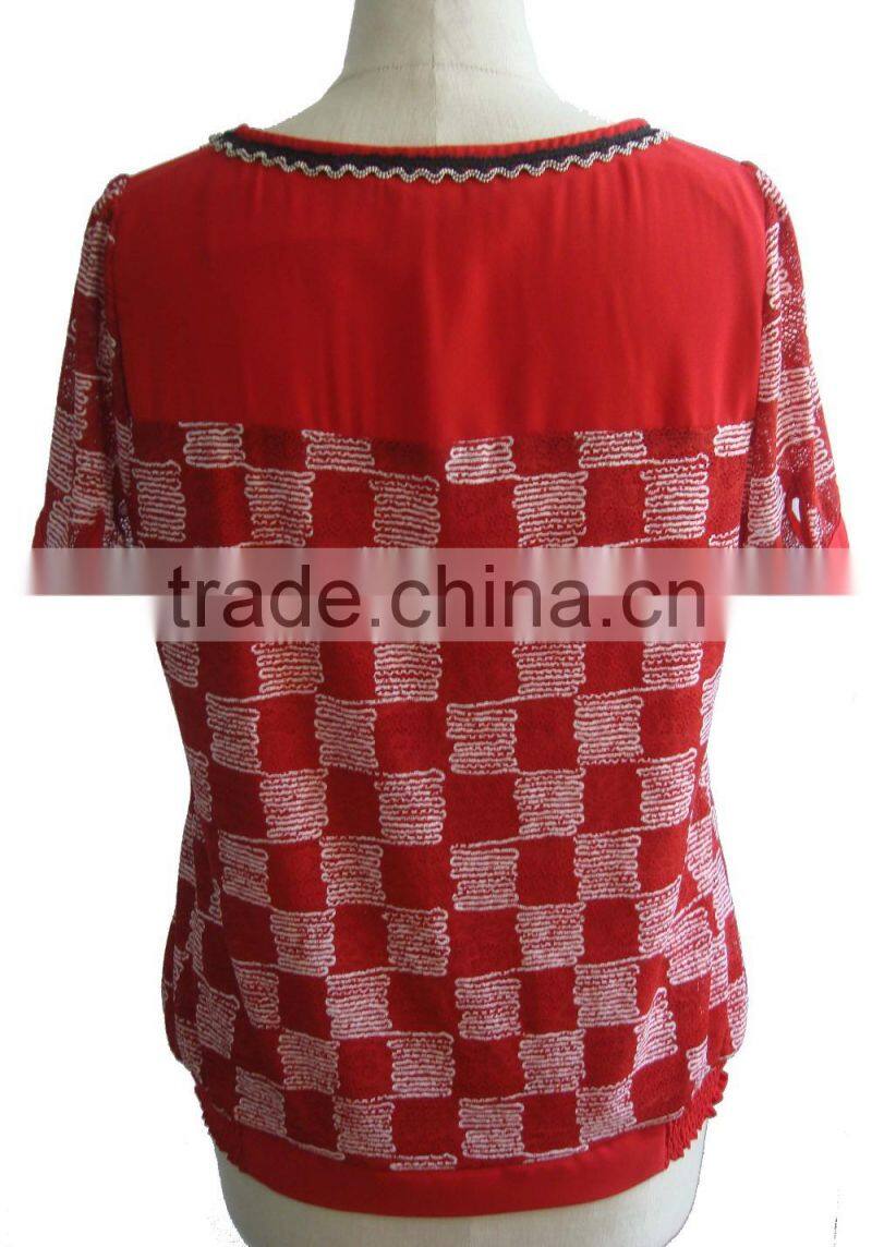 Red Plaid Check Print Lycra Blouse