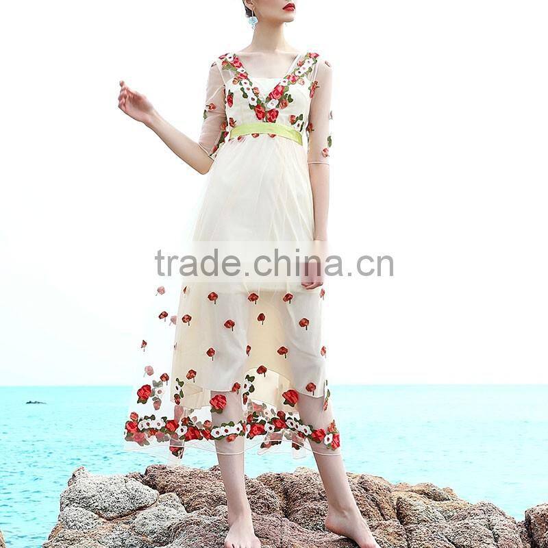 Maxnegio high wais mesh bodycon embroidery casual dress