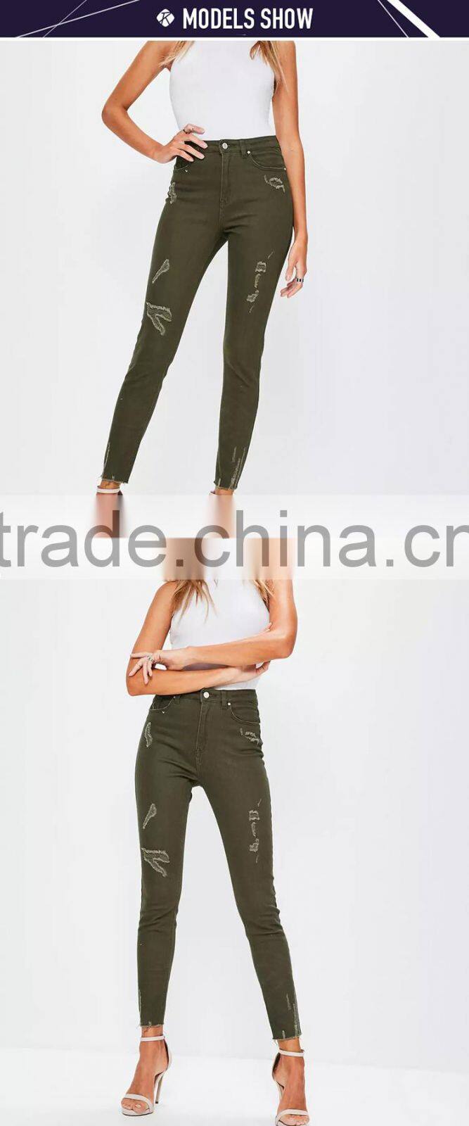 Custom women high waist skinny pants khaki damaged denim jeans wholesale direct factory