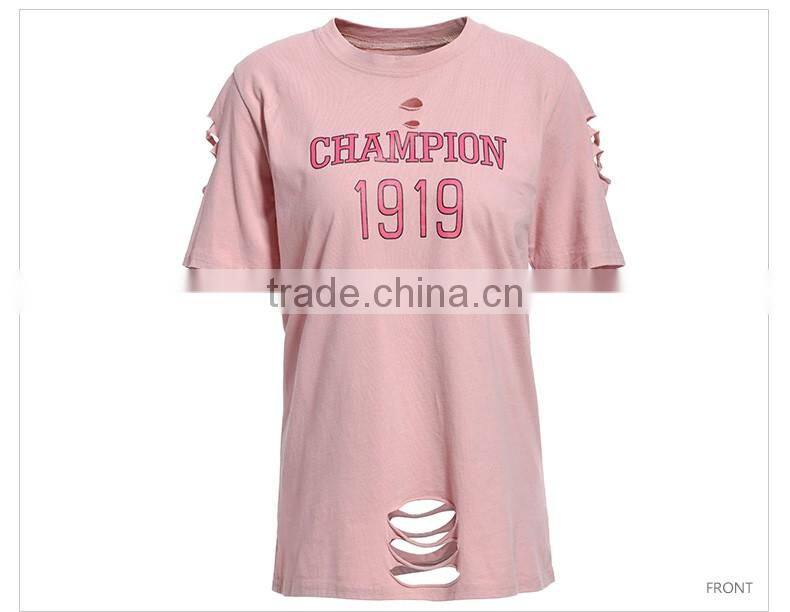 Hip hop clothing women custom longline distressed t shirt with printing design