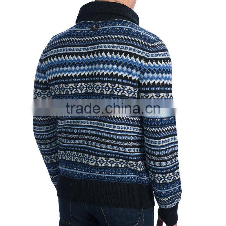 new wool polo neck long sleeve colorful jacquard mens sweater 1/4 zip pullover
