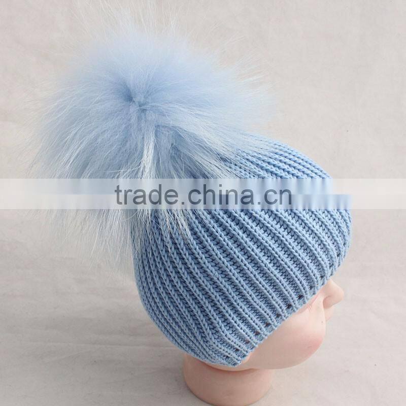 Myfur Customized Baby Knitted Hat with Genuine Dyed Raccoon Fur Pom Poms
