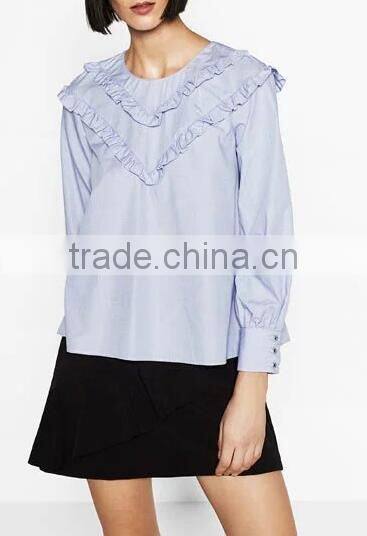 Runwaylover EY2385B Women Long Sleeve Fashion Falbala Pure Color Blouse