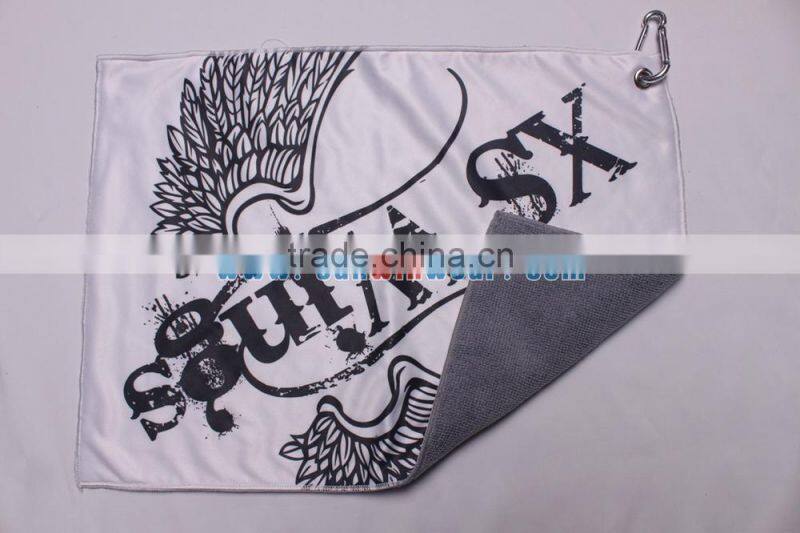 Wholesale quality sublimated wiping sweat golf towel custom hook cleaning towel