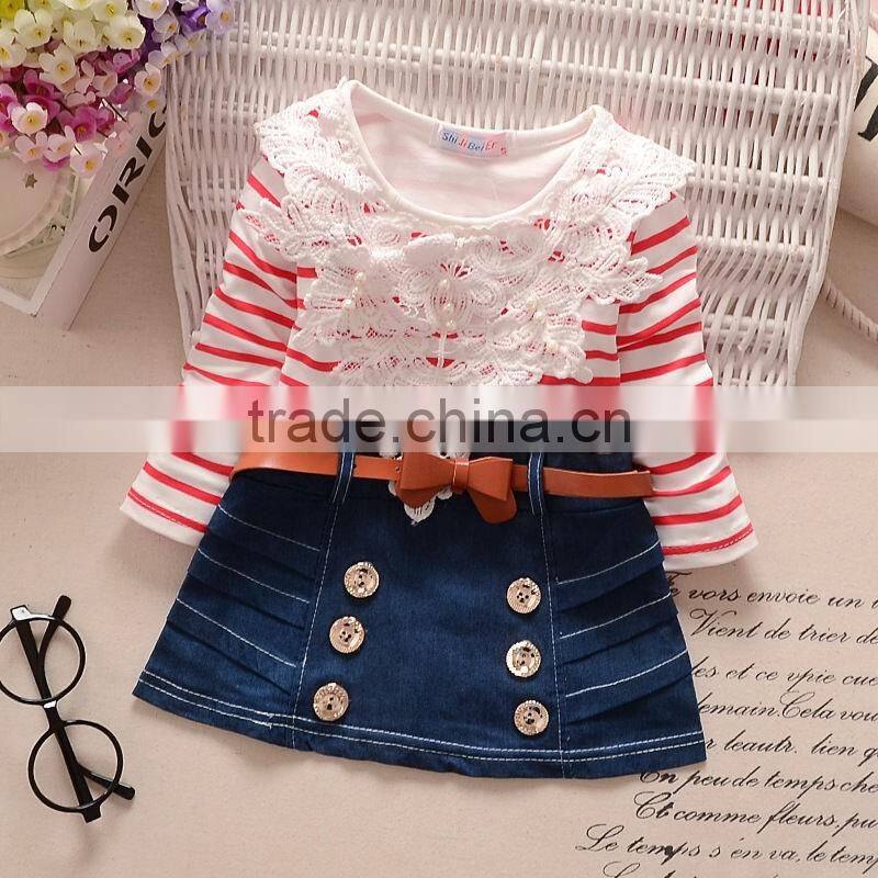 Fashion Children Frocks Designs Long Sleeve Girls Skater Party Dress Kids Denim Casual Dresses