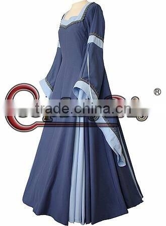 Custom Made Light Blue Medieval And Renaissance Dress With Trumpet Sleeves For Gothic And Fantasy Parties