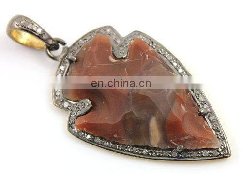 2015 wholesale gemstone pandent/Agate Slice Pave Set Pendant/Silver CZ pave pandent
