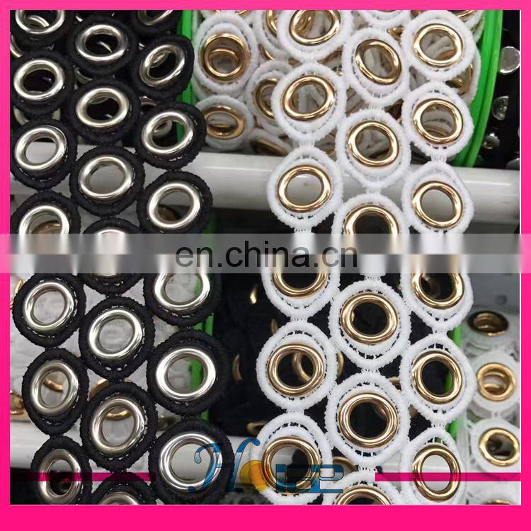 Latest design gold metal grommet eyelet black polyester lace trimming for garment and shoe