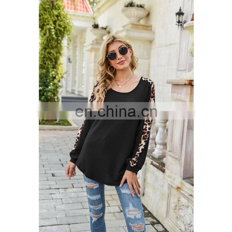 Custom logo spring and autumn women's Amazon autumn and winter new long-sleeved waffle leopard print stitching T-shirt