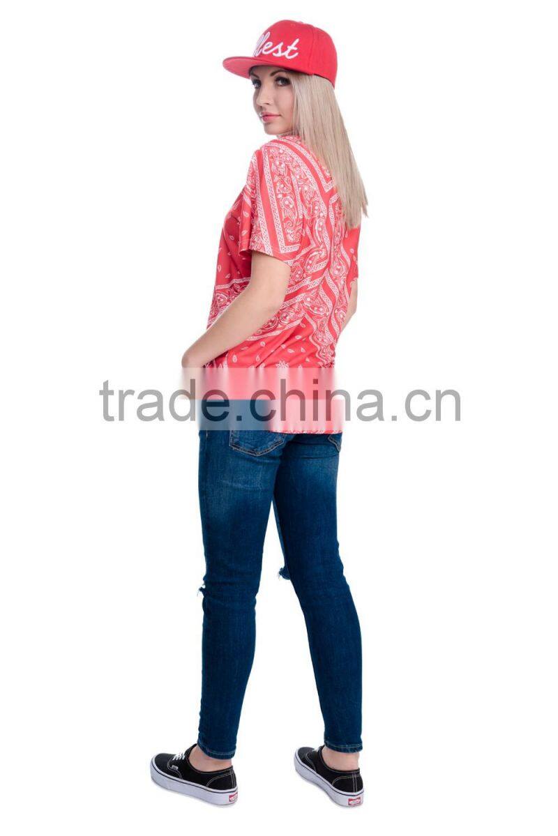 OEM Brand New 3D Print Bandana Red Latest Women Sublimation Printing T-shirt