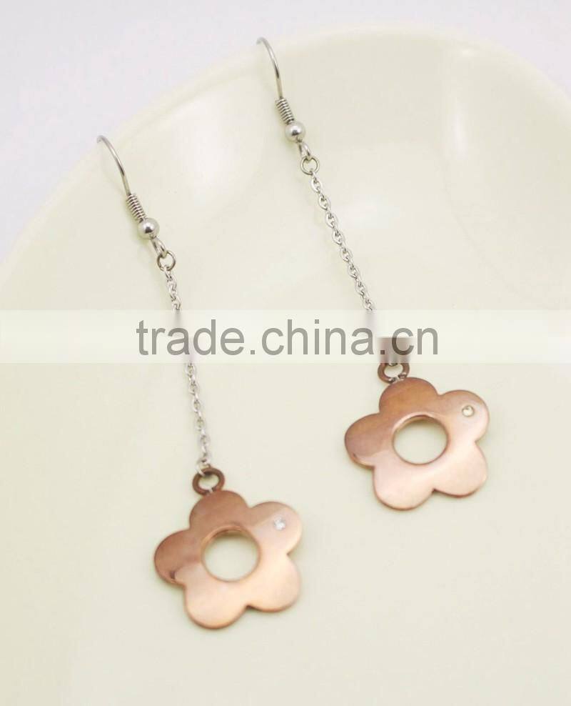 Two Tone Simple Long Stainless Steel Flower Drop Earring