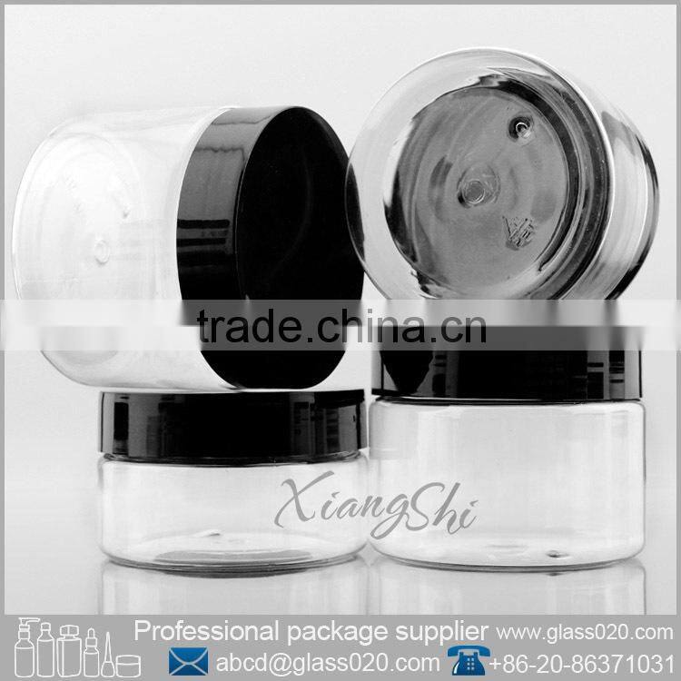 PET cosmetic plastic jars with black colored lids