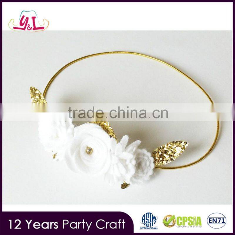 White Golden Baptism Flower Headband For Kids