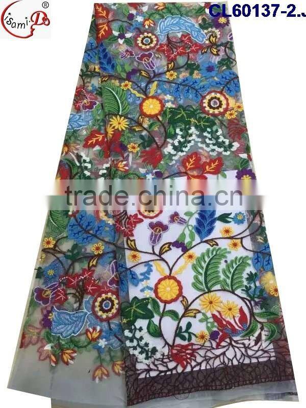 CL60137 Newest arrival net lace graceful fabric with colorful embroidery flowers pattern for fashion lady
