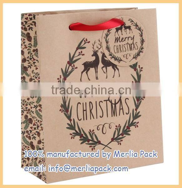 Kraft Paper Bag Winter Evergreen Christmas Trees Natural Brown Luxury Gift Large Bags