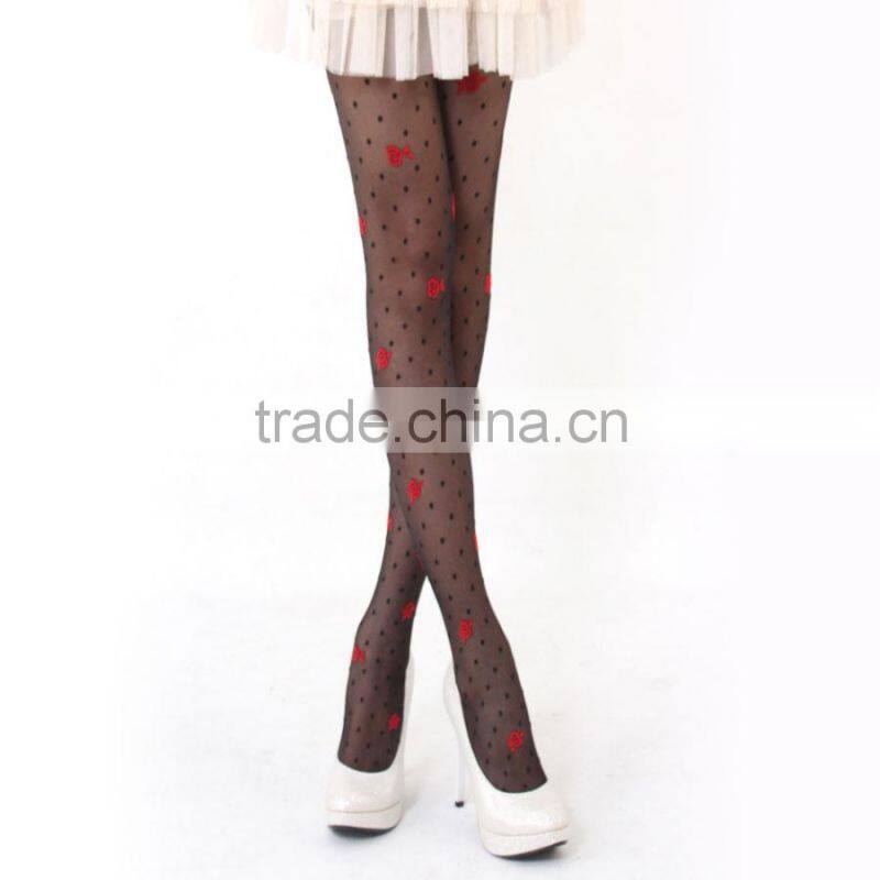 Lovely black dots with jacquard red flower sheer tights