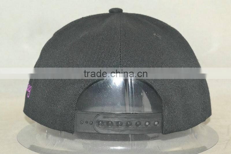 Professional custom 6 panel Flat brim hat black 100% acrylic, front logo embroidery, 58 cm size