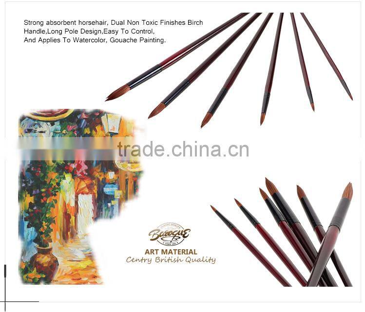 Professional upscale long wooden handle horse hair round artist water color absorbing brush set for watercolor painting