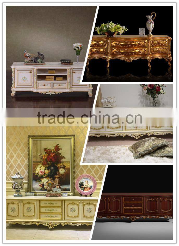 Antique Design Wooden TV Stand with Drawers and Four Doors, Fine Carved Golden Trim Living Room Funiture