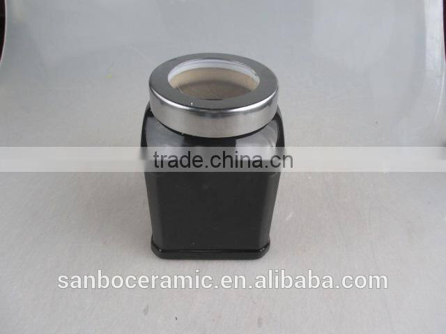 Square Ceramic Sugar Container in Black-glazed, Ceramic Jar with Plastic Lid