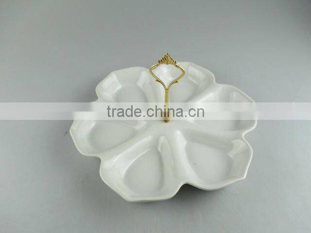 Flower shape ceramic stand with metal handle for candy/food/cake/daily use