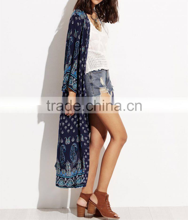 high fashion Long Sleeve cardigan jacket kimono Paisley Print Long Maxi Kimono