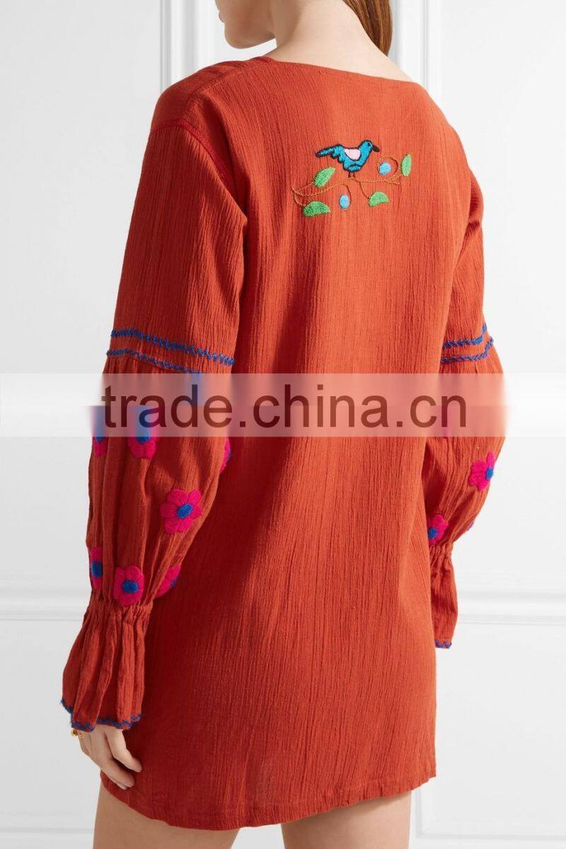 Bohemian Clothing Boho Mexican Peasant Embroidered Crinkled Cotton Mini Dresses With Pompom HSD5939