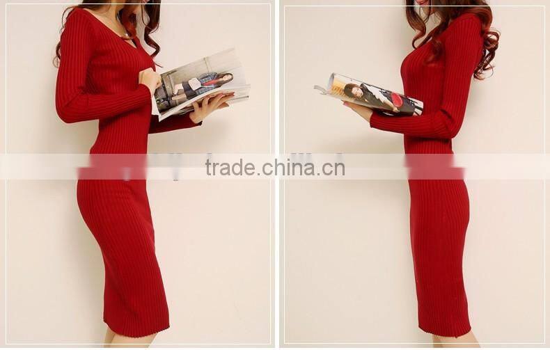 2016 Customized manufactorying korean style long sleeve V neck knitted ladies dress