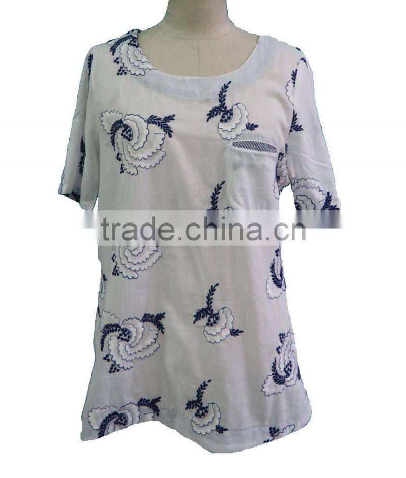 Floral Hand Embroidery Designs Round Collar Short Sleeve with Front Pocket Blouse Tunic Dress