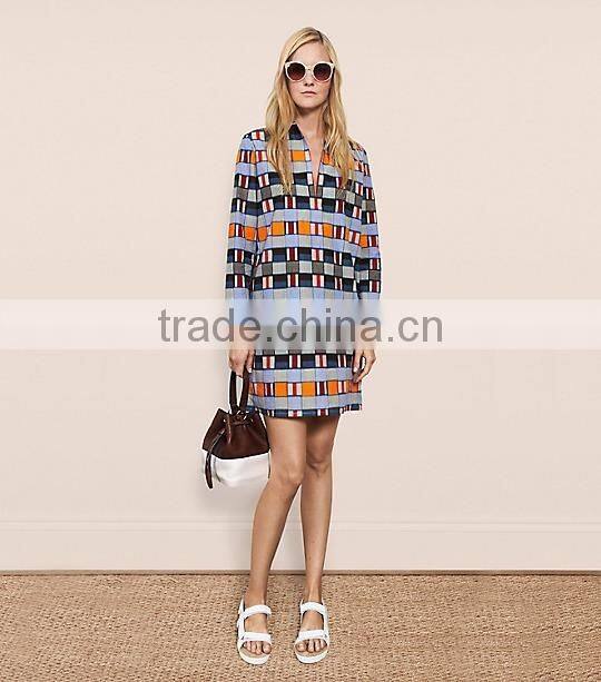 2015 fashion v-neck poplin tunic long sleeve dress for women