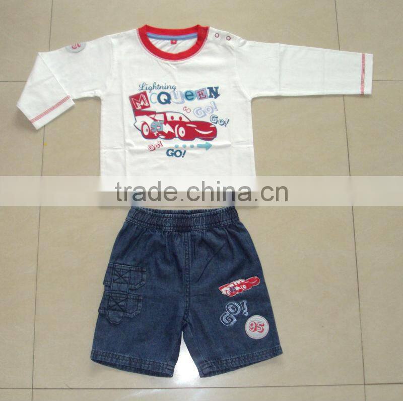 children denim and knit mix Clothing set , fashionable cute design nice printed kids pajama set
