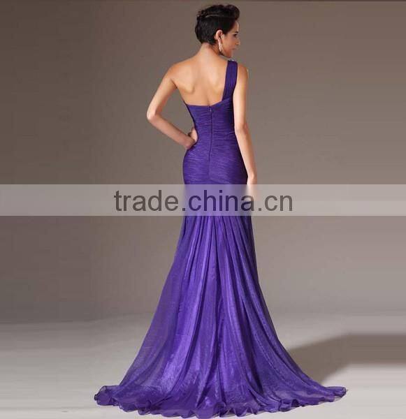 formal purple one shoulder beaded princess style evening dress