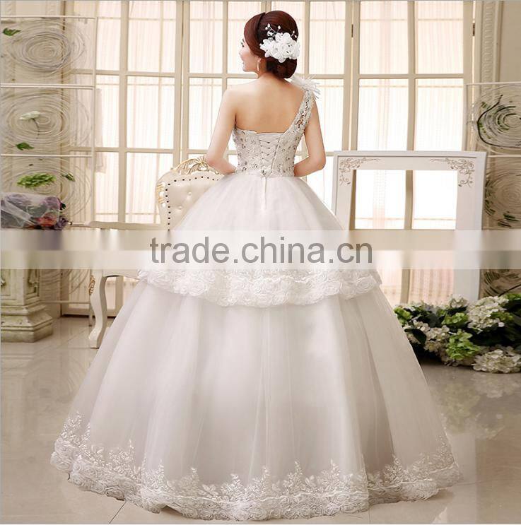 Wholesale Flowers High Low Lace Layer Sweet Wedding Dress Tie Back Drilling Single Shoulder Wedding Dress