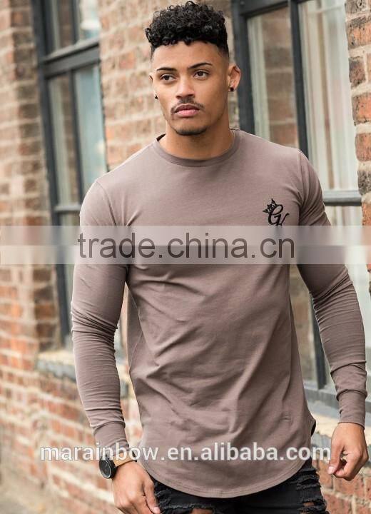 96% Cotton 4% Elastane Mens Long Sleeve Gym Fitted T-Shirt Muscle Bodybuilding Long Drop T Shirt OEM Longline Curved Hem T Shirt